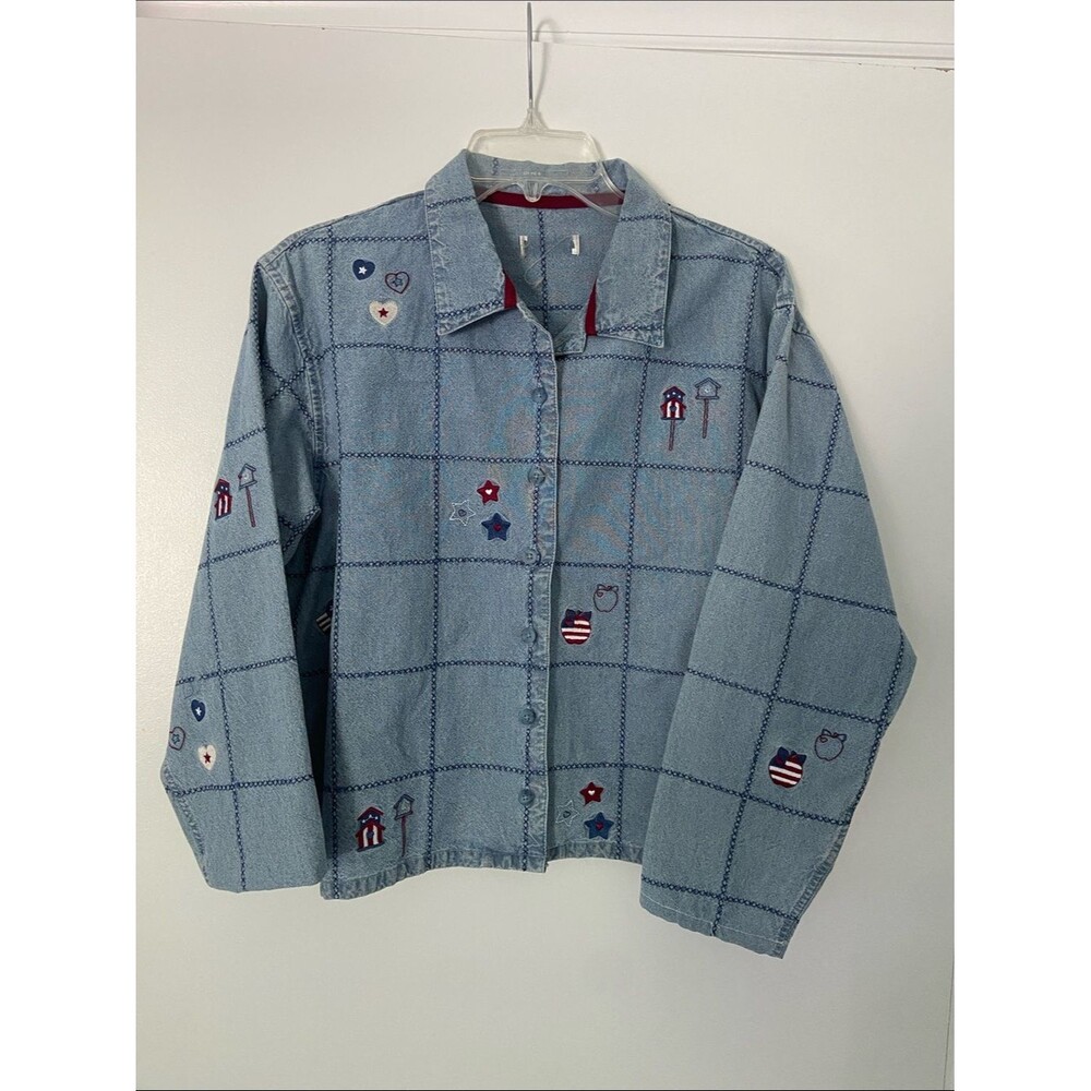 Vintage Embroidered Light Wash Denim Jacket with Flag & Star Accents